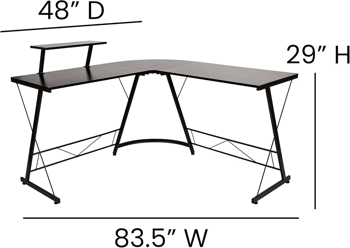 Flash Furniture Hoekbureau - zwart/zwart ruimtebesparend L-vormig gamingbureau met monitorplank - 72' 2-laags computerbureau, thuiskantoor hoekbureau, eenvoudig te monteren