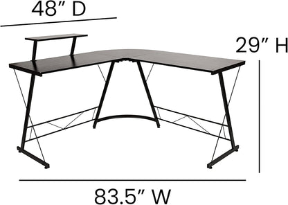 Flash Furniture Hoekbureau - zwart/zwart ruimtebesparend L-vormig gamingbureau met monitorplank - 72' 2-laags computerbureau, thuiskantoor hoekbureau, eenvoudig te monteren