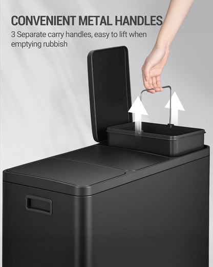 Hzuaneri Garbage Separation System for Kitchen, 3 Compartments, 45L (3 x 15 L), Stainless Steel Kitchen Waste Bin, Pedal Bin with Colour-Codable Pedals, Waste Bin, Quiet Slow Descent, Black