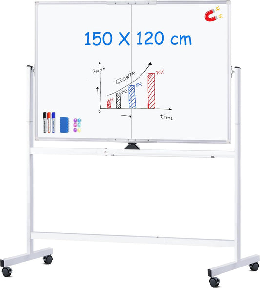 maxtek Whiteboard met standaard, dubbelzijdig magnetisch aluminium frame, mobiel whiteboard met pennen, sponzen, bordwisser