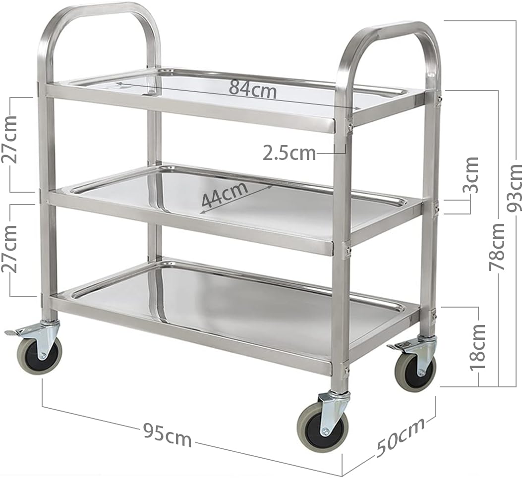 HLC 3 Tier Rvs Dienende Catering Trolley Wielen Utility Cart Keuken Cart Serveerwagen Met Vergrendelende Wielen Voor Keuken Hotels - 95x95x50CM