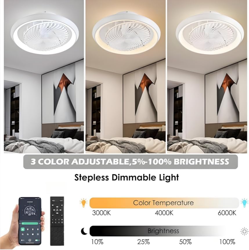 stille plafondventilator met licht en afstandsbediening APP, 49cm bladloze plafondventilatorlamp 6 snelheden 3 tinten, timer, zomer-winterfunctie (72w, wit)