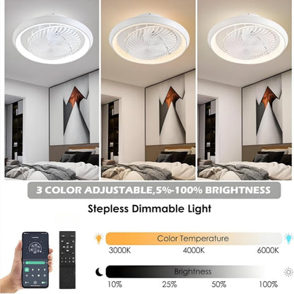 stille plafondventilator met licht en afstandsbediening APP, 49cm bladloze plafondventilatorlamp 6 snelheden 3 tinten, timer, zomer-winterfunctie (72w, wit)