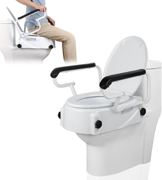 Toiletverhoger voor volwassenen, met armleuning (3 hoogtes), verstelbaar, toiletverhoging met deksel, verhoogde toiletbril, senioren, met beperkte mobiliteit