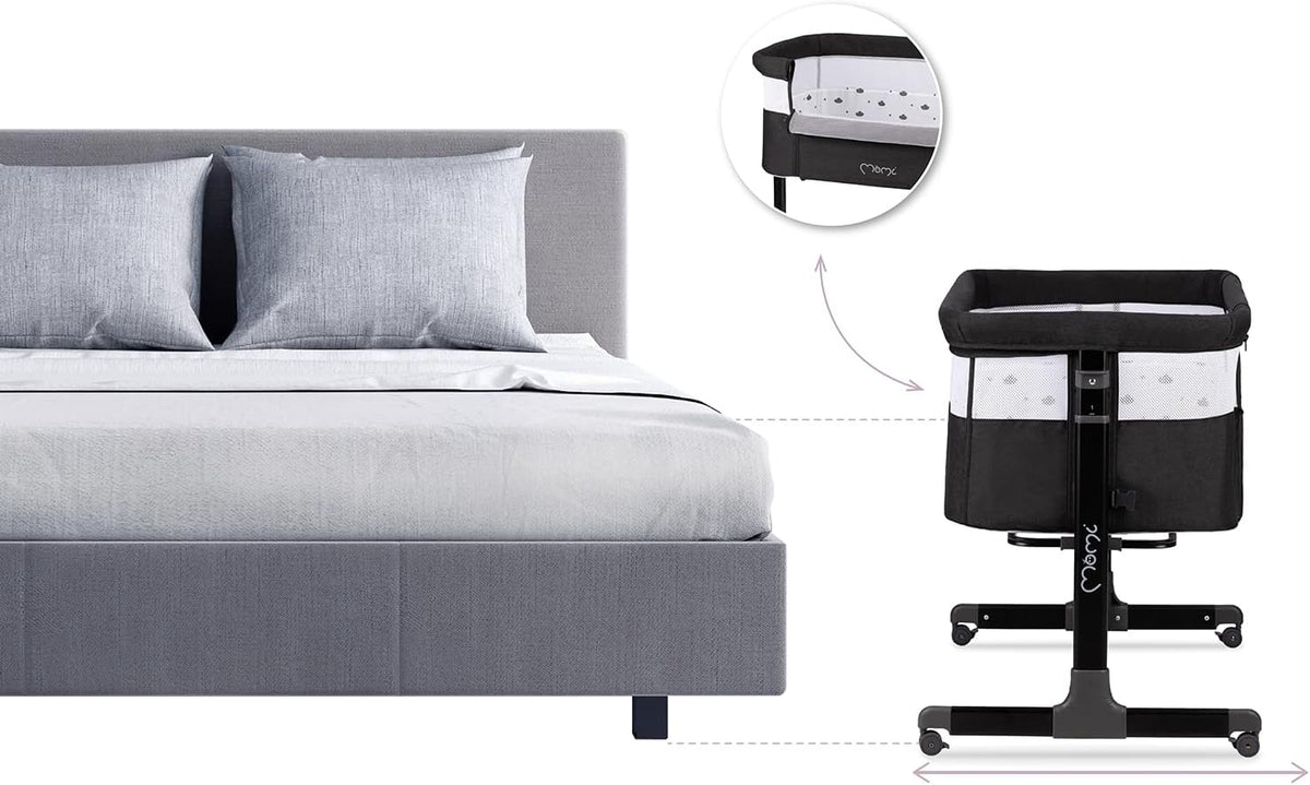 Momi Revo Multifunctionele bijzet- en kinderbed, 6-traps in hoogte verstelbaar van 72 tot 82 cm, met wielen, incl. matras, bevestigingsriemen, insectenbescherming en beugel met speelgoed
