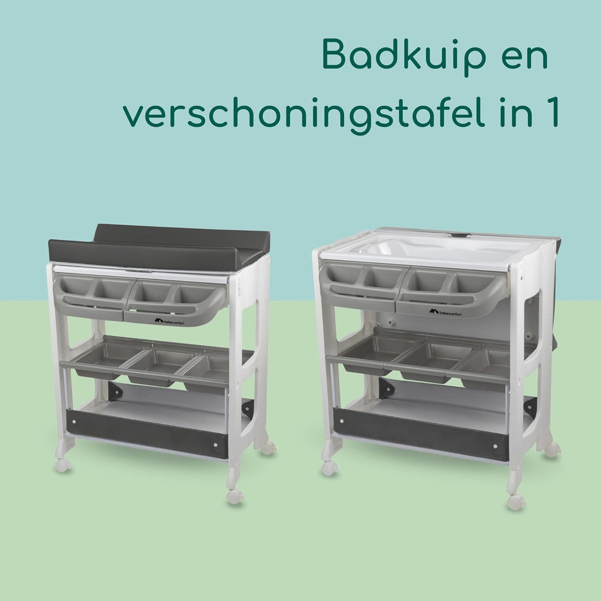 Bebeconfort Dolphy, 2-in-1 Baby Bad & Verschoontafel, 0-12 Maanden(max. 11 kg), Eenvoudig Verplaatsen met 4 Wielen, Meerdere Opbergvakken, Gewatteerd Verschoonkussen, Easy Tub Drainage, Grey Mist