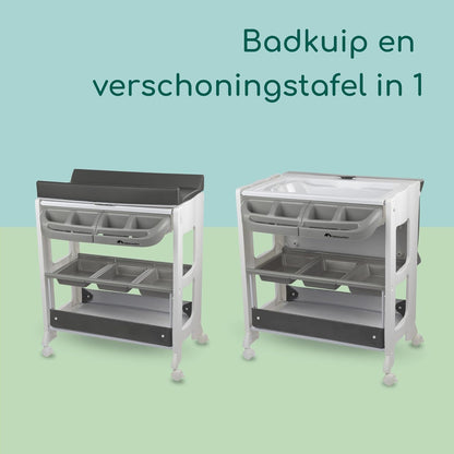 Bebeconfort Dolphy, 2-in-1 Baby Bad & Verschoontafel, 0-12 Maanden(max. 11 kg), Eenvoudig Verplaatsen met 4 Wielen, Meerdere Opbergvakken, Gewatteerd Verschoonkussen, Easy Tub Drainage, Grey Mist