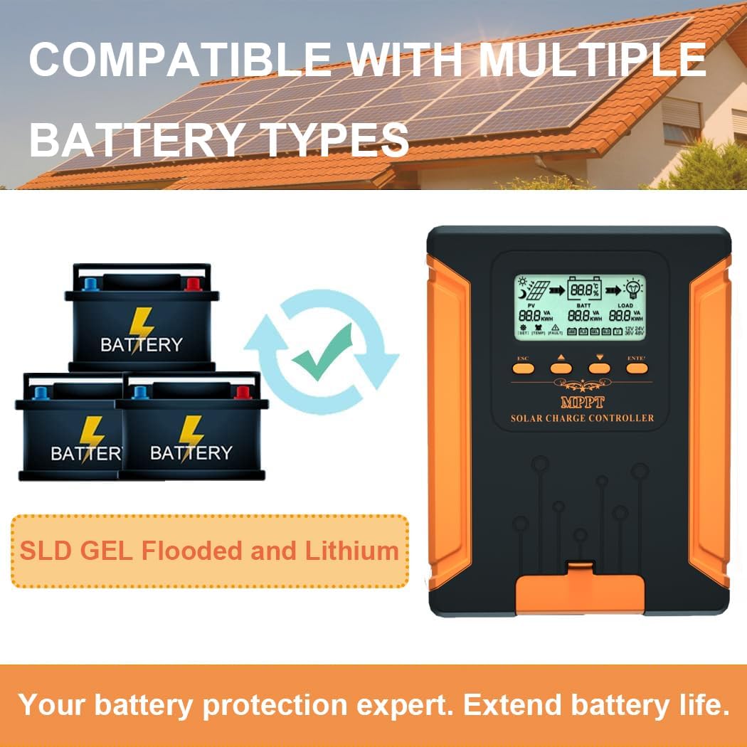 SolaMr 100A MPPT Zonne-Laadregelaar 12V/24V/36V/48V Auto met LCD-Scherm Zonnepaneel Regelaar Max 180V Ingang voor Gel Verzegeld Flooded en Lithium Batterij-CM-100A