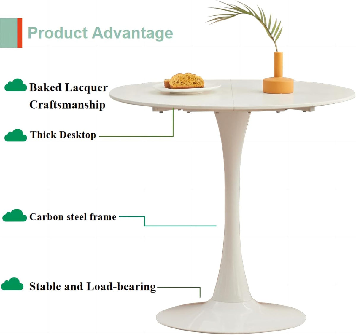 GrandCA HOME eettafel, ronde tafel, 80 cm, geschikt voor 2-4 personen, keuken, woonkamer, eetkamer, wit