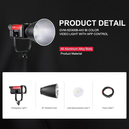 GVM 300W LED-videolamp, 221950lux/1m, ARO SD300B Fotografie Verlichting Kit met APP Control, 2700K-6800K Studio Light Continue Verlichting Kit voor YouTube, Film, 12 Scène-effecten