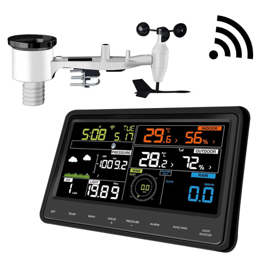 Ecowitt Weerstation met wifi, professioneel digitaal weersvoorspellingsstation met groot kleurendisplay, 7-in-1 sensor, werkt op zonne-energie, voor binnen, 3-in-1, geïntegreerde sensor, WS2910