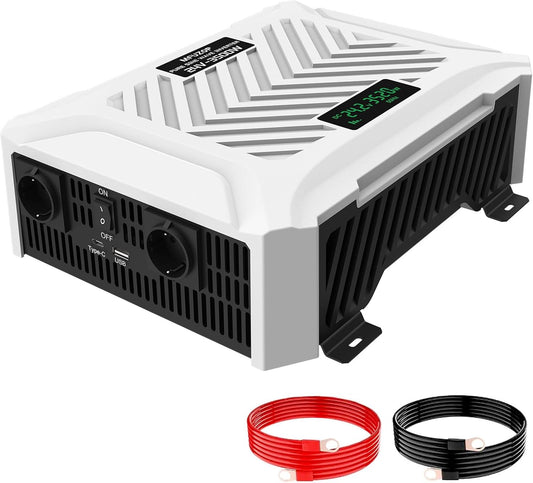 omvormer DC 24V naar AC 230V zuivere sinus 3500W/7000 W Spanningsomvormer met intelligent detectiesysteem, met 2 AC-stopcontacten, 1 type C-aansluiting, 1 USB-poort 5 V 2,1 A & LCD-display