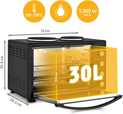 TZS First Austria - Minibakoven met kookplaten 30L 3200 W - Mini oven pizzaoven met kookplaten tot 230°C & 6 verwarmingsmodi - Minioven combi-apparaat met 4 inschuifhoogtes & hoogwaardig toebehoren