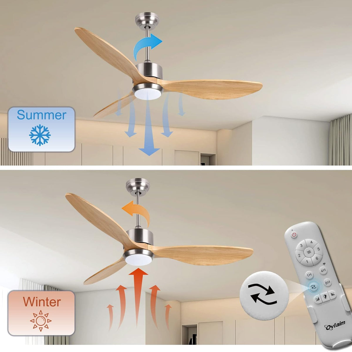 Ovlaim 132cm massief houten plafondventilatoren met verlichting Afstandsbediening, Stille DC Motor 3 Blade Propeller Slimme Plafondventilator, Binnen Woonkamer Slaapkamer, Natuur & Zilver