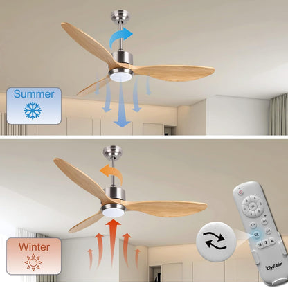 Ovlaim 132cm massief houten plafondventilatoren met verlichting Afstandsbediening, Stille DC Motor 3 Blade Propeller Slimme Plafondventilator, Binnen Woonkamer Slaapkamer, Natuur & Zilver