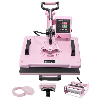 VEVOR 5-in-1 hittepers, dienblad 30 x 38 cm, textielsublimatiemachine met 89 cl bekerpers, 360 graden draaibaar, nauwkeurige digitale bediening, doe-het-zelf T-shirts/hoeden/kopjes/borden, roze