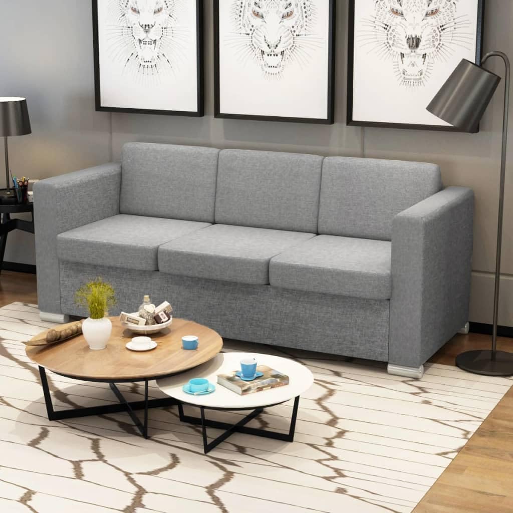 vidaXL 3 Seater Sofa Sofa Seating Sofa Three Seater Sofa Three Seater Sofa Chair Fabric Light Grey - QUORE
