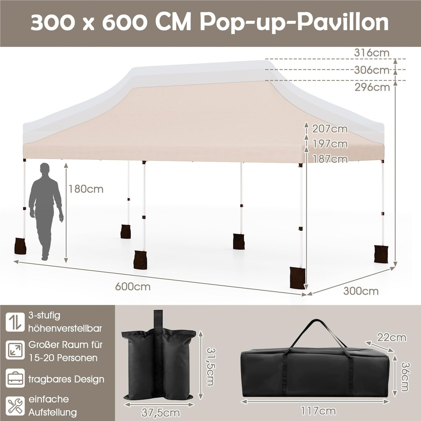 Paviljoen – Vouwtent – Partytent – Tuintent – Overkapping – 3x6m – Waterbestendig – UV Bescherming 50+ – Inklapbaar – Hoogte Verstelbaar – Beige