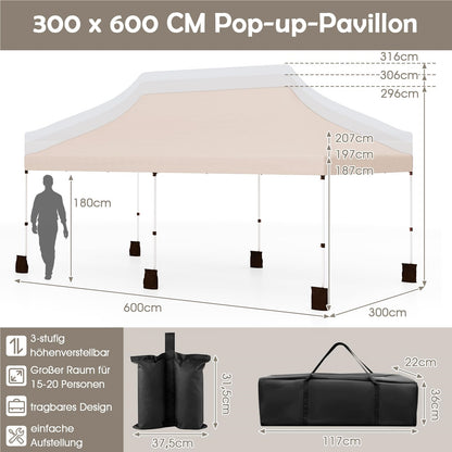 Paviljoen – Vouwtent – Partytent – Tuintent – Overkapping – 3x6m – Waterbestendig – UV Bescherming 50+ – Inklapbaar – Hoogte Verstelbaar – Beige
