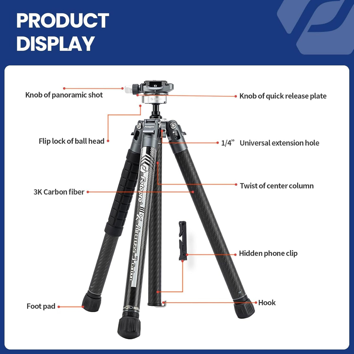 Fotopro X-Aircross 3 Lite 62 Inch Lichtgewicht Reis Camera Statief met Panoramische Kogelkop 0,8 kg Ultra Licht Draagbare Professionele Reizen Koolstofvezel Statief voor Camera DSLR Belasting tot 22