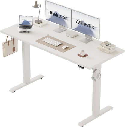 Agilestic In hoogte verstelbaar bureau 150 x 60 cm, stabiel bureau met elektrische hoogteverstelling en handmatige bediening met geheugen, ergonomisch bureau om staand of zittend te werken, wit