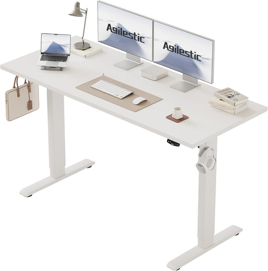 Agilestic In hoogte verstelbaar bureau 150 x 60 cm, stabiel bureau met elektrische hoogteverstelling en handmatige bediening met geheugen, ergonomisch bureau om staand of zittend te werken, wit