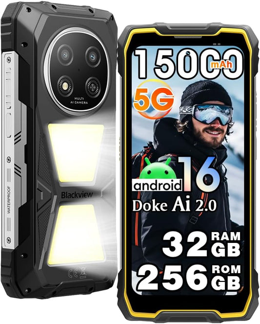 Blackview ROCK 2 PRO 5G mobiele telefoon, onbreekbaar, Android 16, campinglamp 400 Im, 32 GB + 256 GB AI telefoon, 6,67 inch FHD+120 Hz, 15000 mAh, smartphone, onbreekbaar, 16 MP + 13 MP, IP69K/WiFi 5
