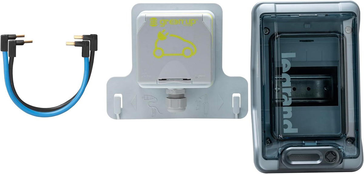 Oplaadstopcontact IP54 voor elektrische auto's, met FI/LS-schakelaar, 20 A, Frans stopcontact (stopcontact + 4 modules koffer + 2 koorden)