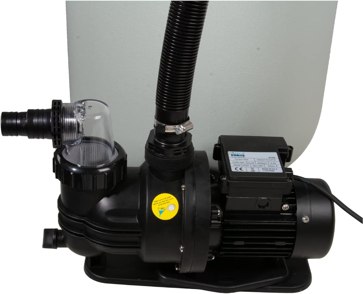 AquaForte Zandfilterset SQ-460, filtercapaciteit 68 L, filtermateriaal 68 kg (zand), max. debiet 10 m3 per uur, 550 Watt, max. bekkengrootte 39,5 m3, uitgerust met 6-wegklep bovenaan