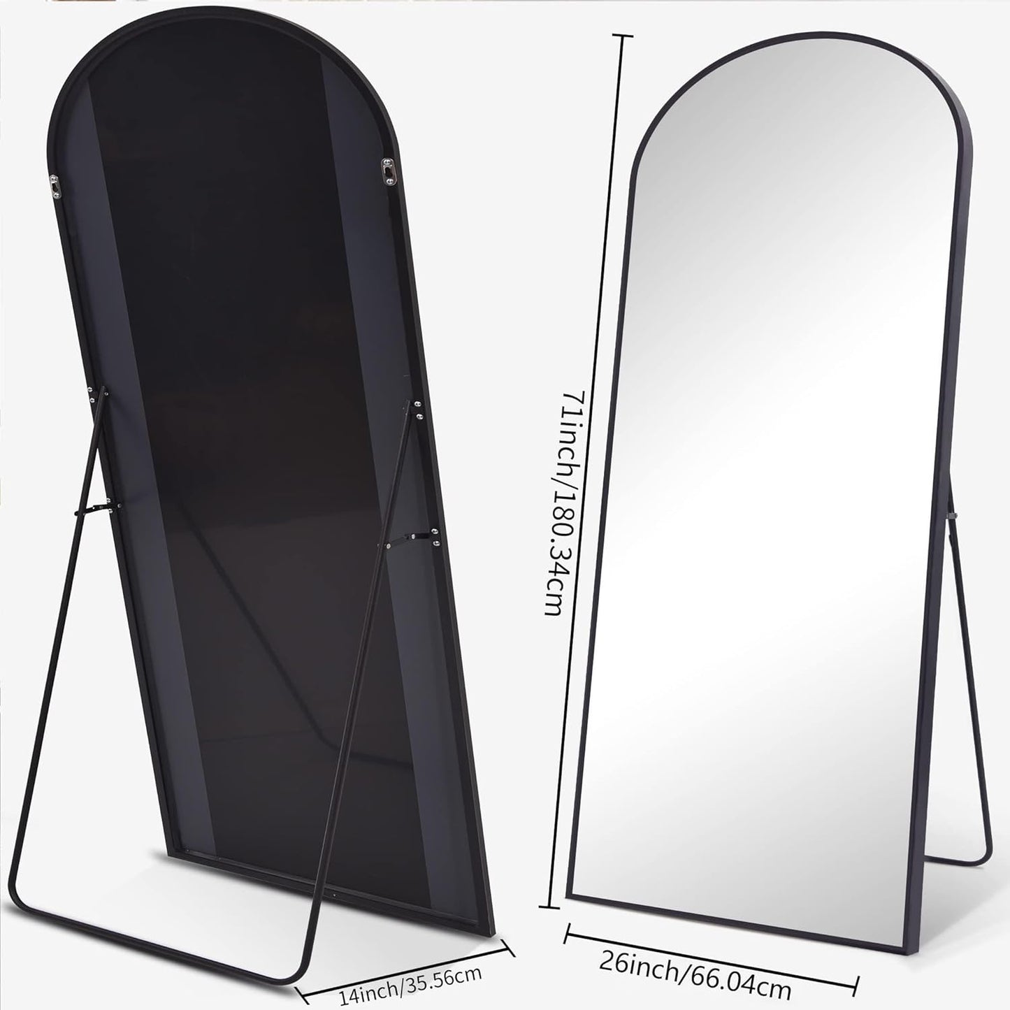 KOCUUY Bogen Staande spiegel, 179 x 65 cm, grote gebogen full-body spiegel, grote wandspiegel met zwart aluminium frame, hangend, staand, kantelbaar, voor woonkamer, slaapkamer en hal