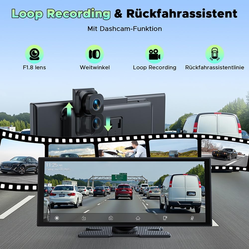 Draadloos CarPlay Display – Android Auto Scherm – Autoradio Touchscreen – Auto Multimediasysteem – In-Car Entertainment – 10,25 Inch In-Cell Touchscreen – Voor- en Achter Dashcam 2.5K + 1080p