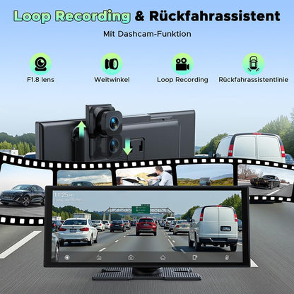 Draadloos CarPlay Display – Android Auto Scherm – Autoradio Touchscreen – Auto Multimediasysteem – In-Car Entertainment – 10,25 Inch In-Cell Touchscreen – Voor- en Achter Dashcam 2.5K + 1080p