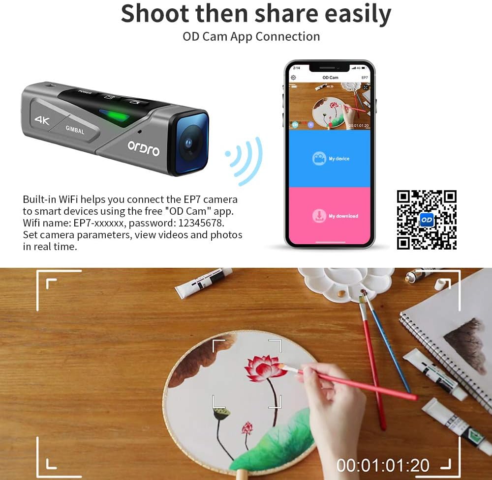 4K camcorder Handsfree videocamera ORDRO EP7 4K 30fps FPV Vlog-camera met ingebouwde Gimbal-stabilisator Autofocus, afstandsbediening en 64GB MicroSD-kaart
