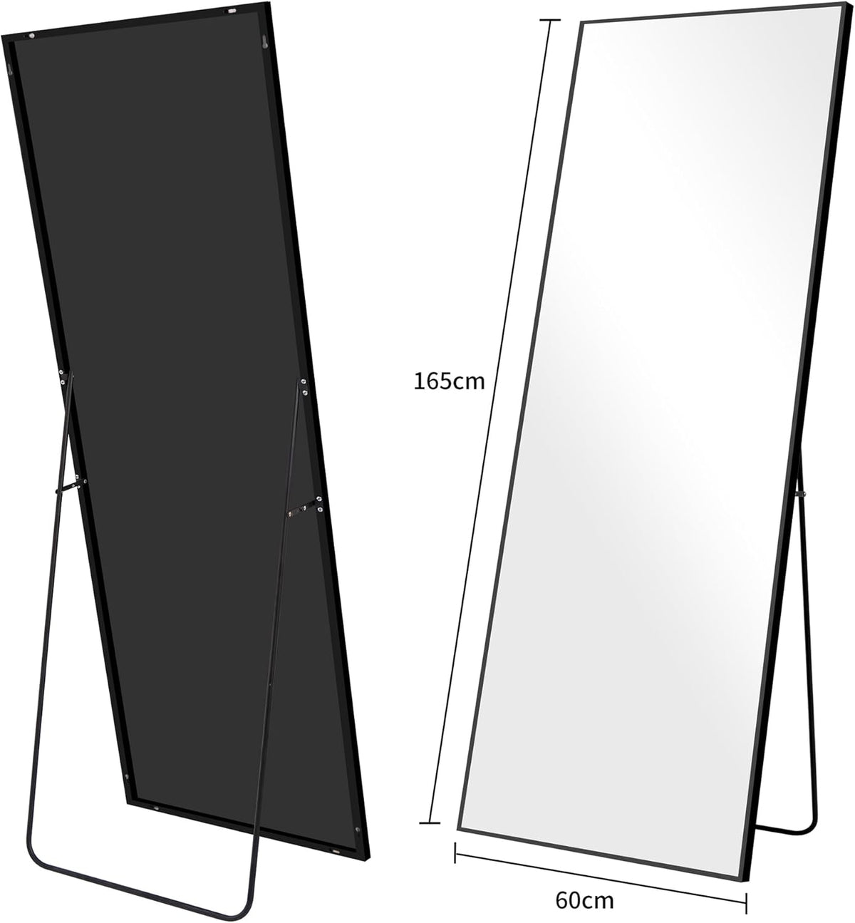 WOLIBEER Volledige spiegel, 165 x 60 cm, wand- en staande spiegel met aluminium frame, zwart, rechthoekige full-body spiegel voor hal, fitness, slaapkamer
