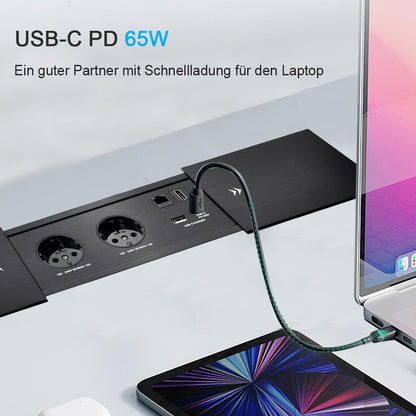 Connectiviteits-box, conferentietafel, power box met 2 stopcontacten + 1 USB-A en type C-oplader + 1 CAT6+ 1 HDMI/USB-C gegevens (zwart) (sliding)