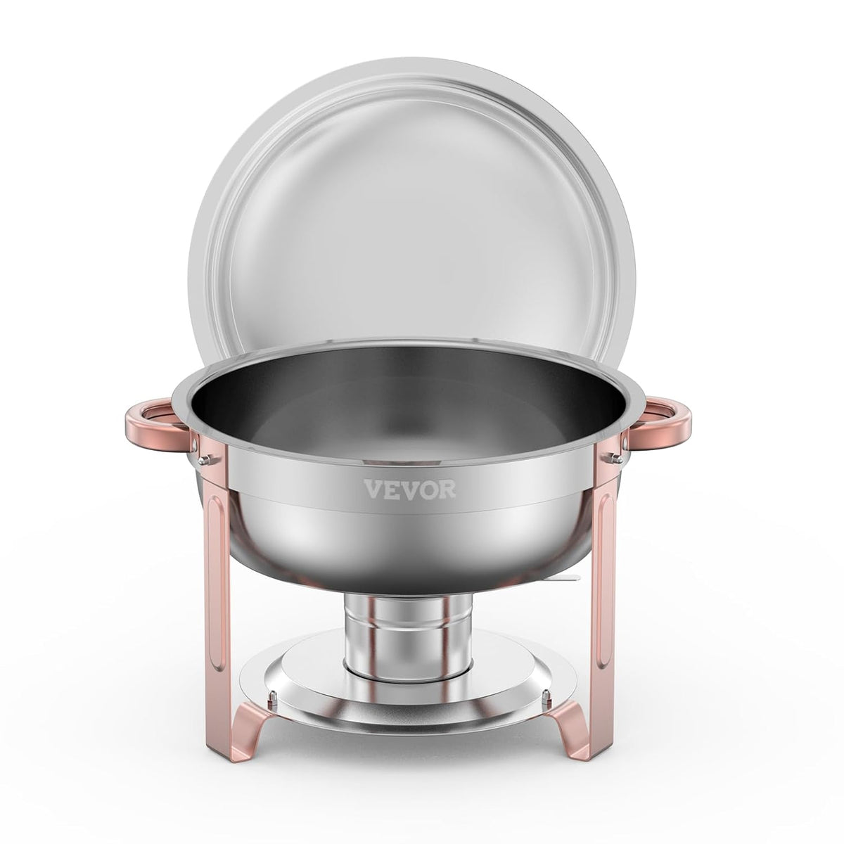 VEVOR Buffetwarmer met 4 pannen in volledige grootte, ronde catering-warmtedispenser met deksel, brandstofcontainer en waterschaal voor bruiloften, feesten, roségoud 4,7 l
