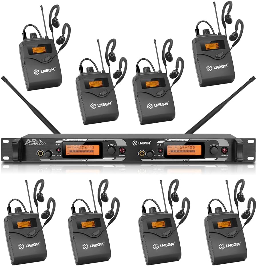 Draadloos Mono In-Ear Monitorsysteem – Draadloze In-Ear Monitor – IEM Systeem – Podium Monitorsysteem – In-Ear Bewakingssysteem – 2 Kanalen, 8 Bodypack-Ontvangers – Ultra-Lage Latentie <5 ms – Tot 100 Meter Bereik