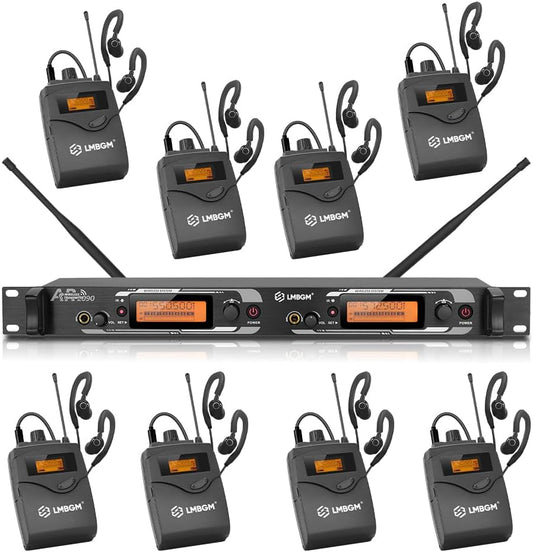 Draadloos Mono In-Ear Monitorsysteem – Draadloze In-Ear Monitor – IEM Systeem – Podium Monitorsysteem – In-Ear Bewakingssysteem – 2 Kanalen, 8 Bodypack-Ontvangers – Ultra-Lage Latentie <5 ms – Tot 100 Meter Bereik