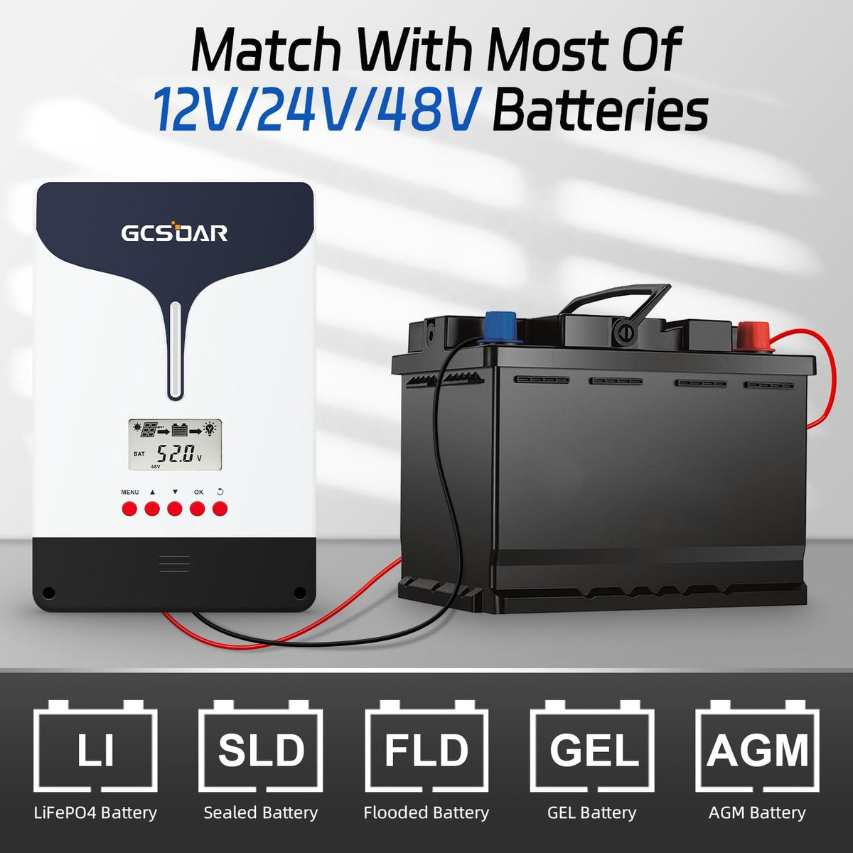 100 A MPPT laadregelaar 12 V 24 V 48 V auto, max. PV 250 V zonne-laadregelaar LCD-display, met adapter voor afstandsbediening via app, compatibel met gel, AGM, Sealed, Flooded, LifePO4 lithium