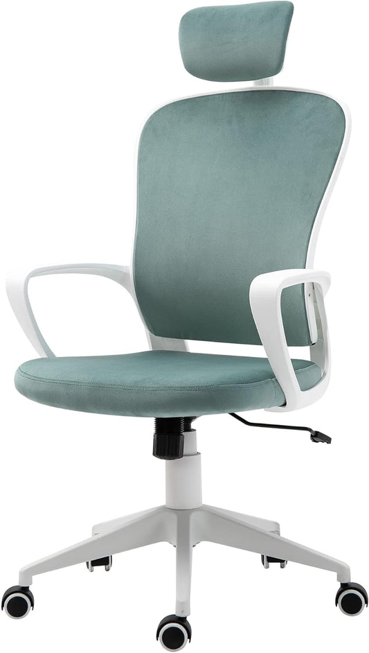 Vinsetto Office Chair with Tilting Function, Ergonomic Swivel Chair, Height Adjustable, with Armrest, Headrest, Velvet Polyester, Turquoise, 63 x 64 x 118-128 cm - QUORE