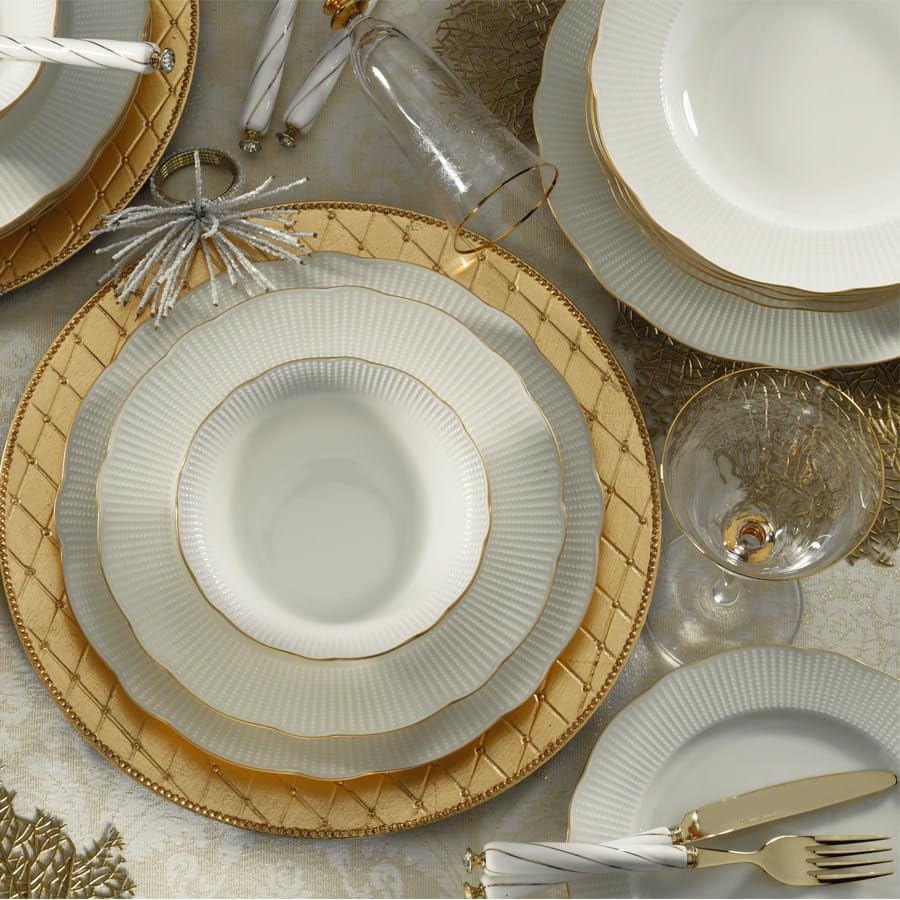 Elegante 26-delige dinerset, 100% porselein, wit en goud, inclusief serviesborden, diepe borden, kommen en borden, vaatwasser- en magnetronbestendig
