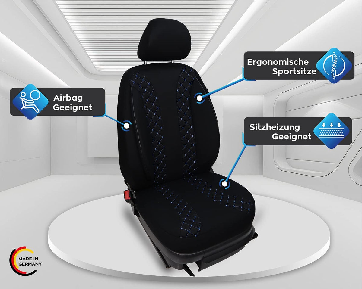 BREMER SITZBEZÜGE Autostoelhoezen compatibel met VW Golf 7, bestuurder en passagierset vanaf 2012-2020, autostoelhoezen, set van 2 stuks, in zwart/blauwe naad (N306)