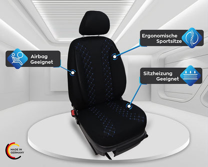 BREMER SITZBEZÜGE Autostoelhoezen compatibel met VW Golf 7, bestuurder en passagierset vanaf 2012-2020, autostoelhoezen, set van 2 stuks, in zwart/blauwe naad (N306)