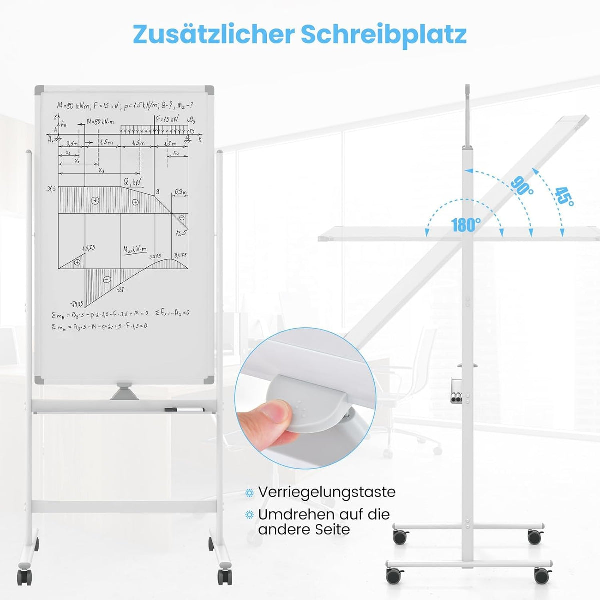 FANTASK Dubbelzijdig mobiel whiteboard, 60 x 100 cm, in hoogte verstelbaar magnetisch whiteboard met wieltjes, standaard en pennenbakje, incl. accessoires voor school, kantoor, thuis (wit)