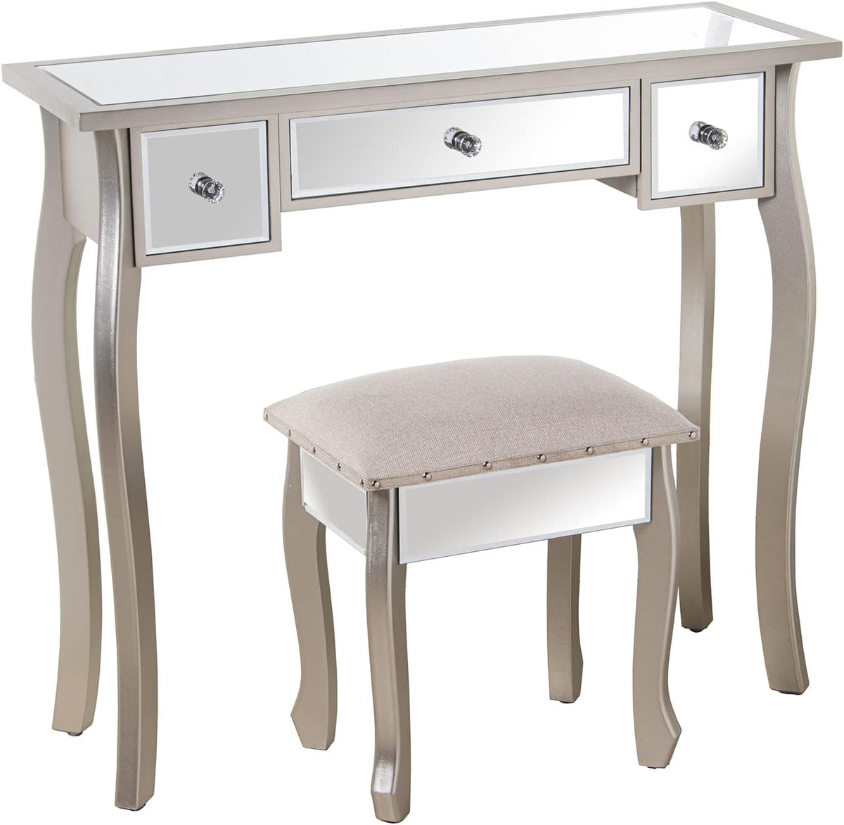 DRW Kaptafel met 3 laden van hout en spiegel met kruk in champagne en spiegel 90 x 32,5 x 80 cm en kruk 40 x 34 x 43 cm