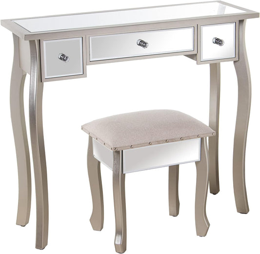 DRW Kaptafel met 3 laden van hout en spiegel met kruk in champagne en spiegel 90 x 32,5 x 80 cm en kruk 40 x 34 x 43 cm