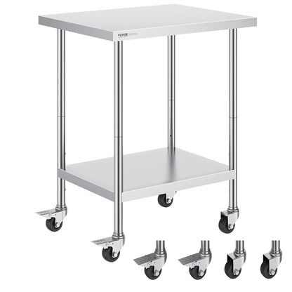 Werktafel – Rvs Werktafel – Rvs Tafel – Prep Tafel – Snijtafel – Met 4 Wielen – 3 Verstelbare Hoogteniveaus – SUS201 Roestvrij Staal