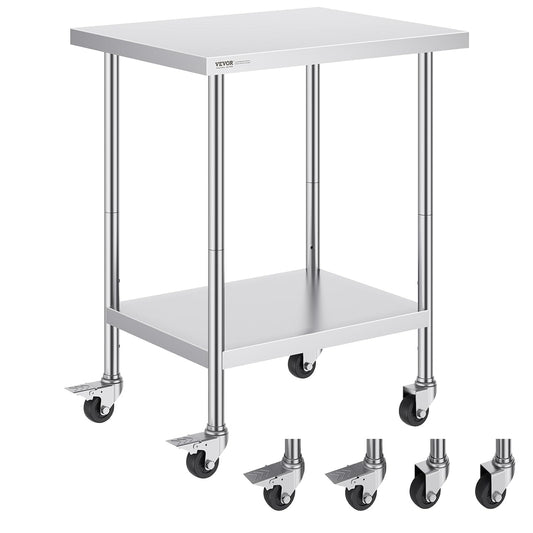 Werktafel – Rvs Werktafel – Rvs Tafel – Prep Tafel – Snijtafel – Met 4 Wielen – 3 Verstelbare Hoogteniveaus – SUS201 Roestvrij Staal
