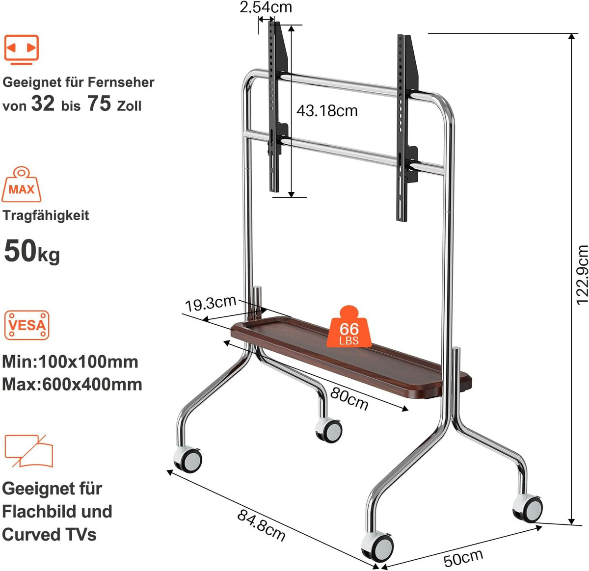 Mobiele Tv-Kar Met Enkellaagse Houten Opbergplank – Tv-Standaard – Tv-Wagen – Tv-Houder – Tv-Standaard Met Wielen – Voor 32-75 Inch LCD LED OLED En VESA 100x100-600x400 – Roestvrij Staal Met 4 Geremde 360° Zwenkwielen