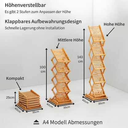 Opvouwbare brochurestandaard van bamboehout – Brochurehouder, flyerstandaard, tijdschriftenstandaard, folderstandaard – Geschikt voor A4-formaat – Verstelbaar in 99 of 145 cm